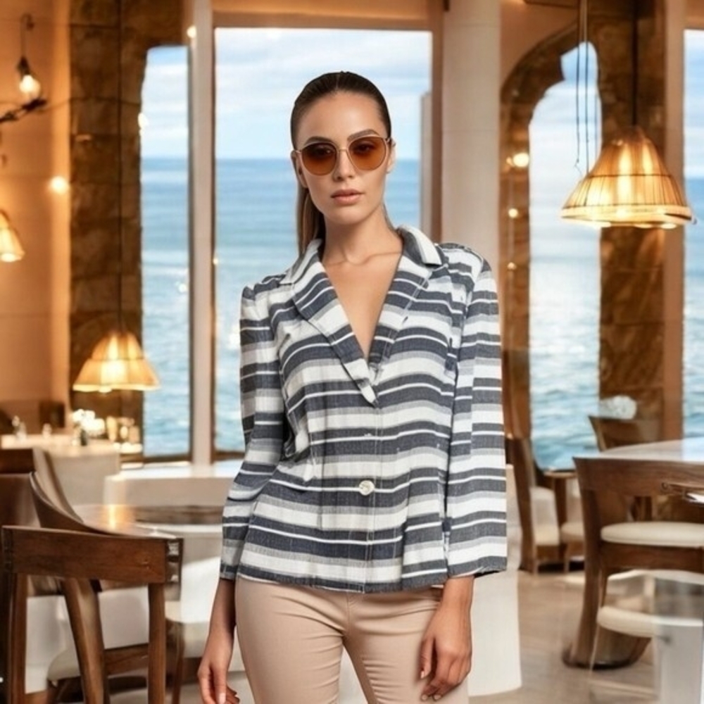 LOFT Ann Taylor Womens Blazer 10 Blue White Striped Linen Jacket 2 Button EXC